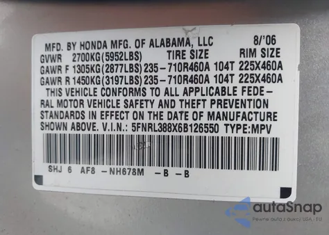 2006 Honda Odyssey Touring z USA, uszkodzony, nr VIN 5FNRL388X6B126550